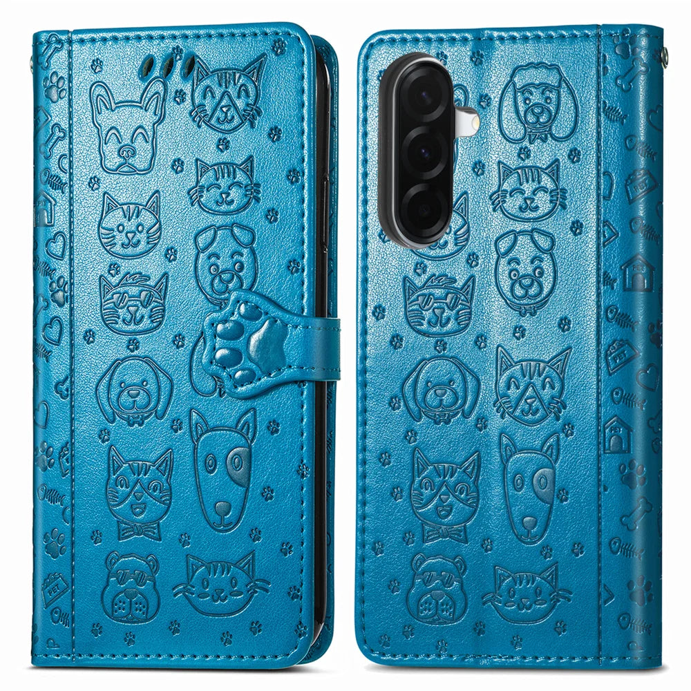 For Samsung Galaxy A27 5G Leather Wallet Case Flip Phone Cover with Cute Cat Dog Pattern - Blue - 2