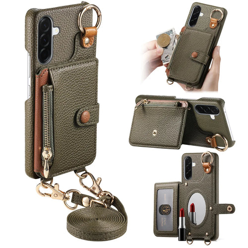 For Samsung Galaxy A27 5G Leather Phone Back Cover Zipper Card Holder Kickstand with Mirror and Long Strap - Midnight Green - 1
