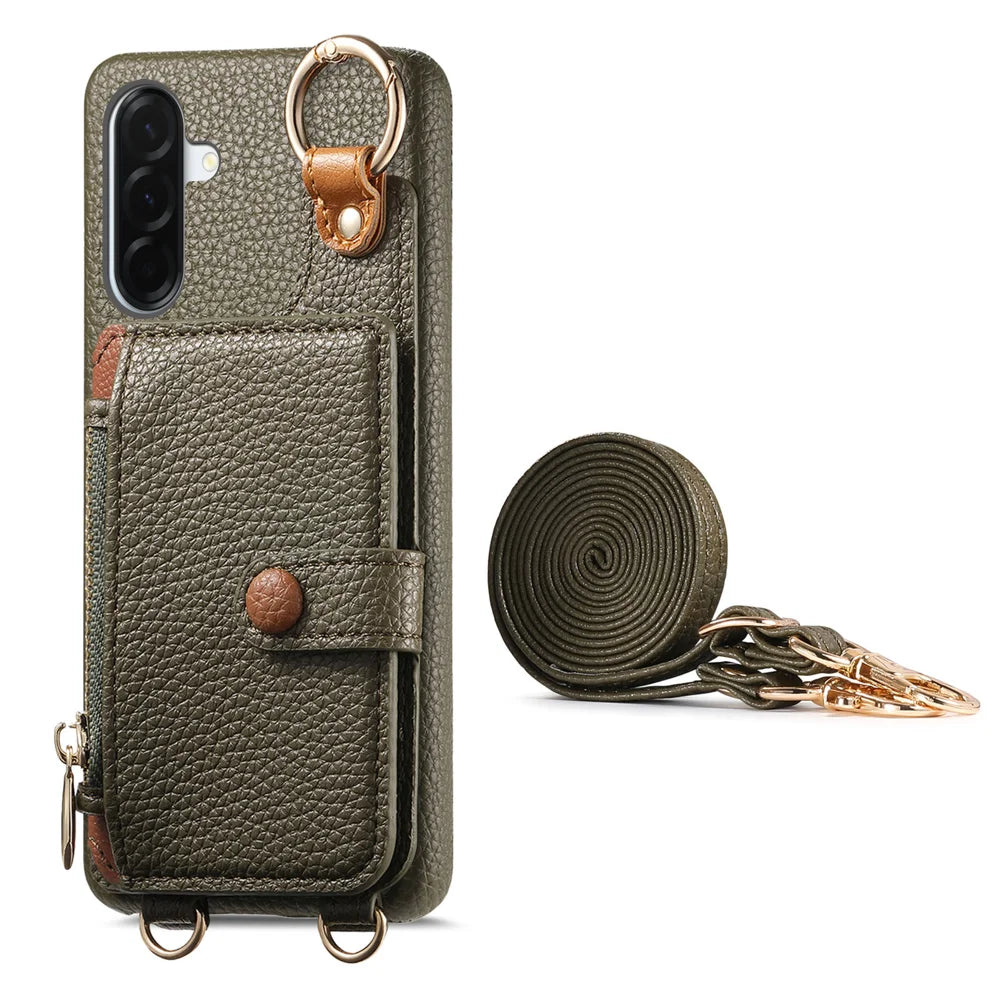 For Samsung Galaxy A27 5G Leather Phone Back Cover Zipper Card Holder Kickstand with Mirror and Long Strap - Midnight Green - 2