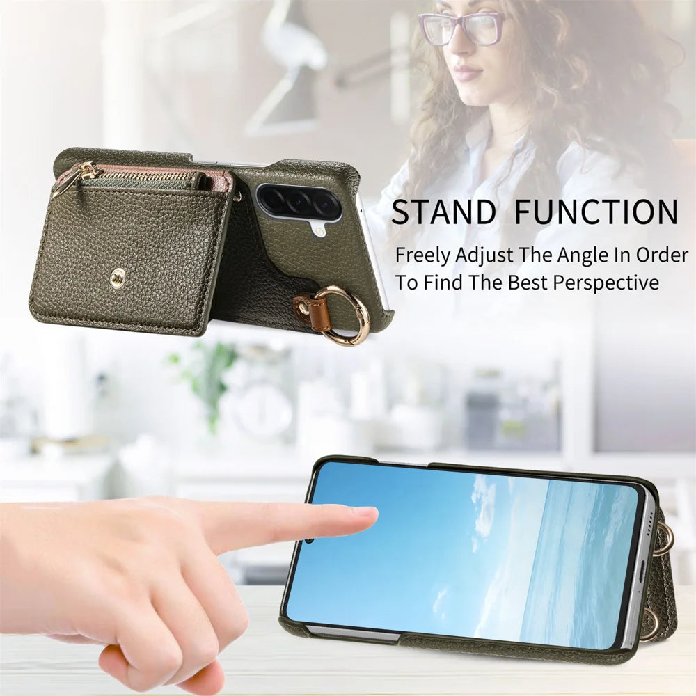 For Samsung Galaxy A27 5G Leather Phone Back Cover Zipper Card Holder Kickstand with Mirror and Long Strap - Midnight Green - 3