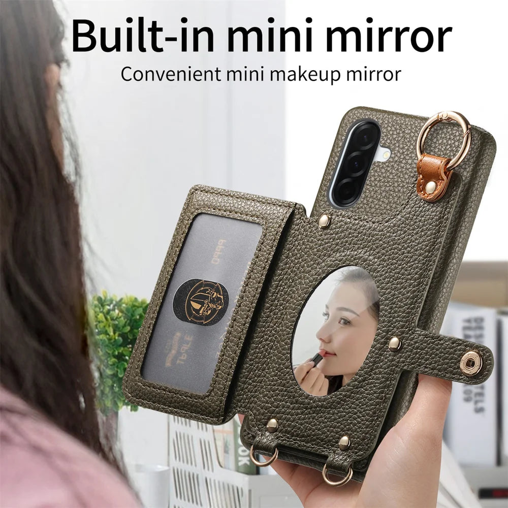 For Samsung Galaxy A27 5G Leather Phone Back Cover Zipper Card Holder Kickstand with Mirror and Long Strap - Midnight Green - 6