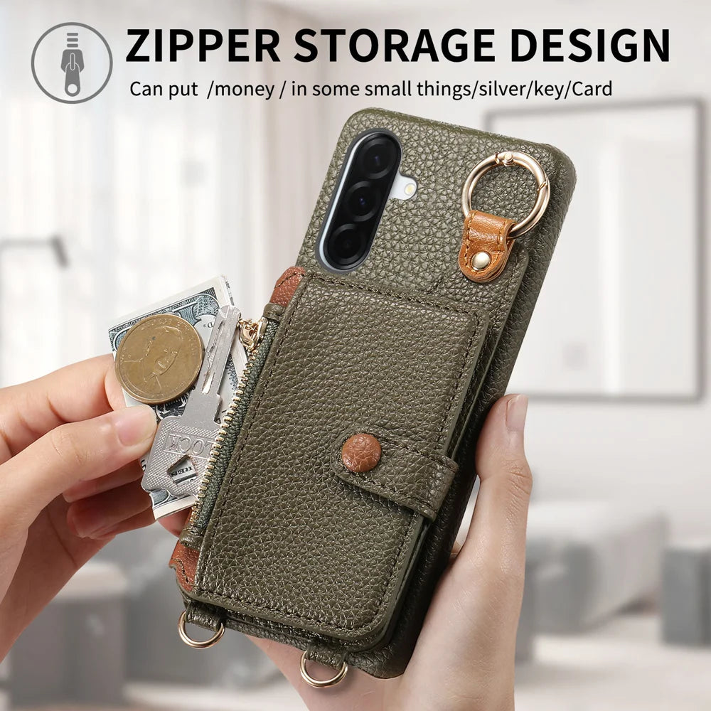 For Samsung Galaxy A27 5G Leather Phone Back Cover Zipper Card Holder Kickstand with Mirror and Long Strap - Midnight Green - 7