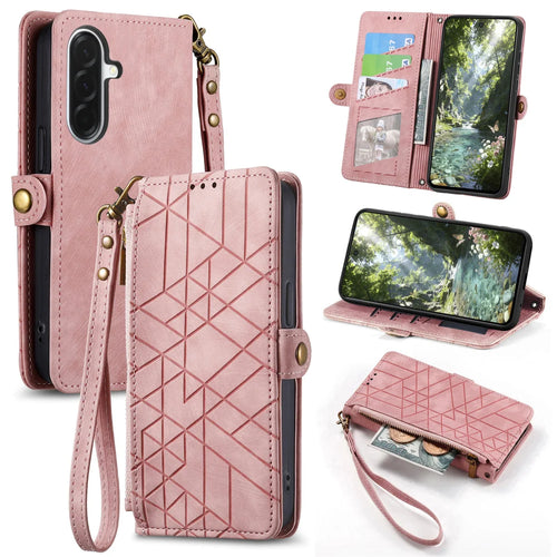 For Samsung Galaxy A27 5G Zipper Wallet Case Geometry Lines Leather Phone Cover with Strap - Pink - 1
