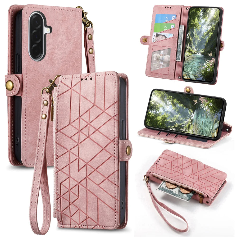 For Samsung Galaxy A27 5G Zipper Wallet Case Geometry Lines Leather Phone Cover with Strap - Pink - 1