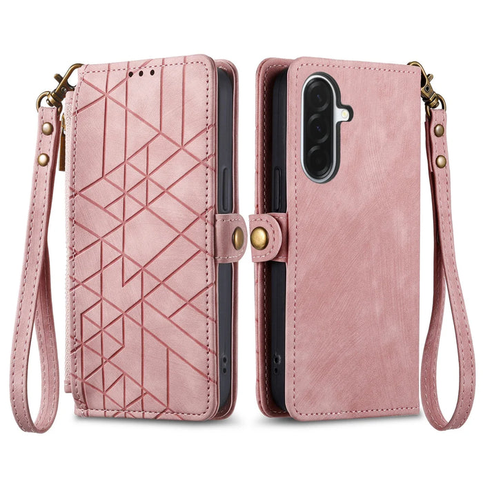 For Samsung Galaxy A27 5G Zipper Wallet Case Geometry Lines Leather Phone Cover with Strap - Pink - 2