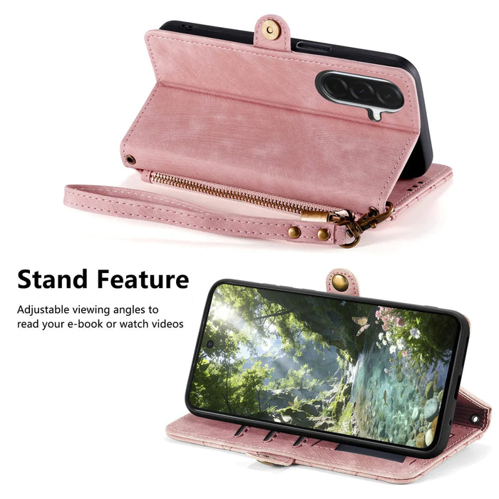 For Samsung Galaxy A27 5G Zipper Wallet Case Geometry Lines Leather Phone Cover with Strap - Pink - 4