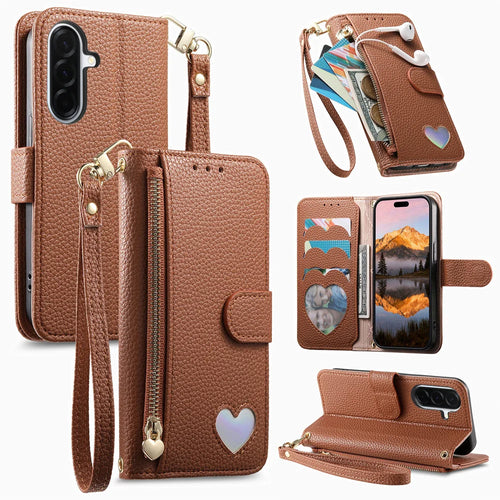 For Samsung Galaxy A27 5G Case Zipper Pocket  TPU PU Leather Wallet Phone Cover with Strap - Brown - 1