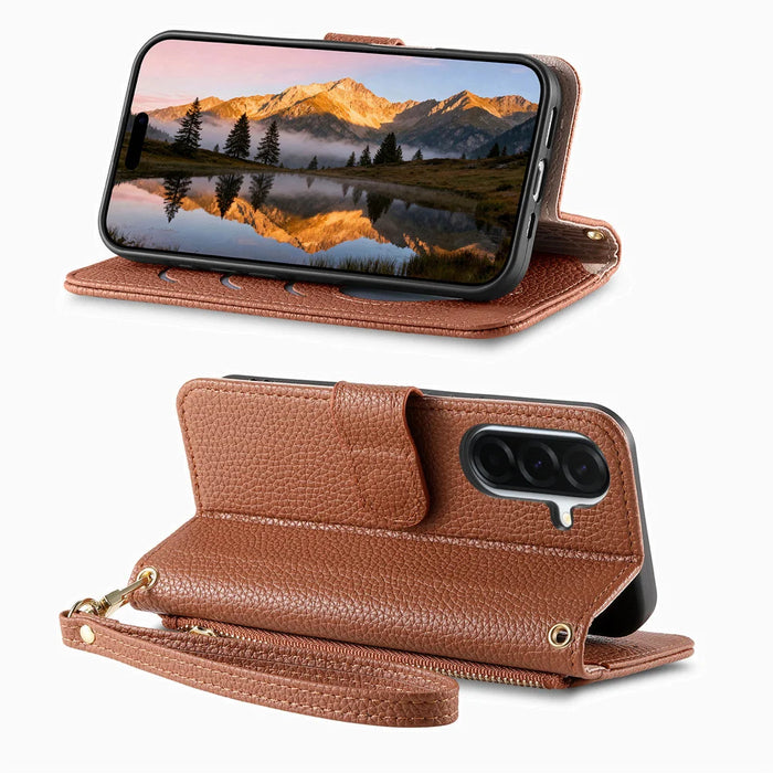 For Samsung Galaxy A27 5G Case Zipper Pocket  TPU PU Leather Wallet Phone Cover with Strap - Brown - 6