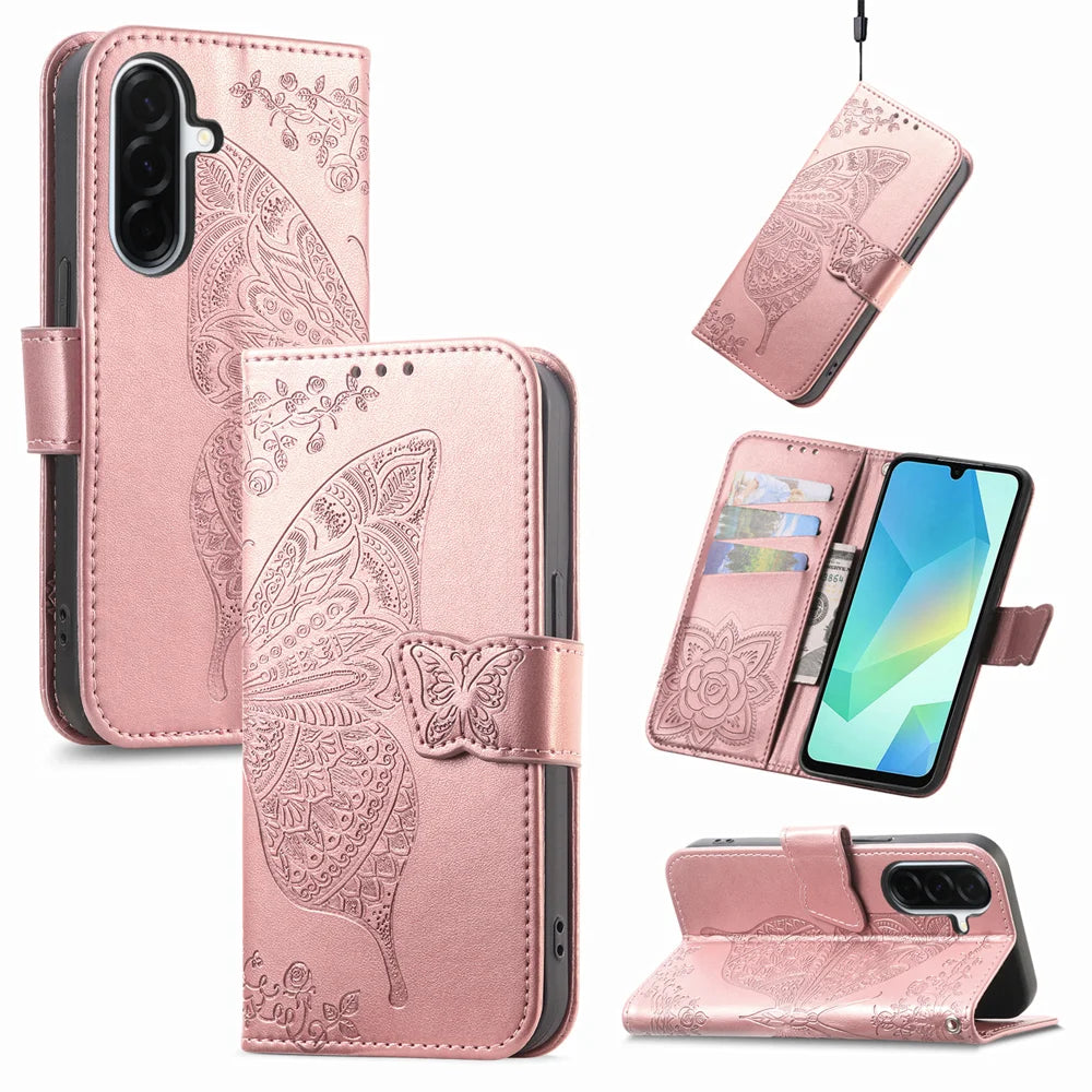 For Samsung Galaxy A27 5G Case with Strap Butterfly Pattern PU Leather Wallet Phone Cover - Rose Gold - 1