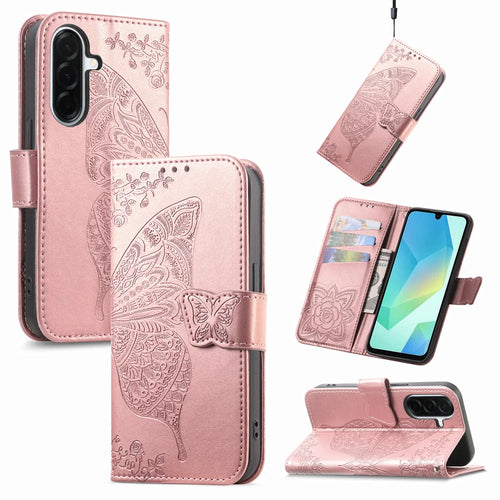 For Samsung Galaxy A27 5G Case with Strap Butterfly Pattern PU Leather Wallet Phone Cover - Rose Gold - 1