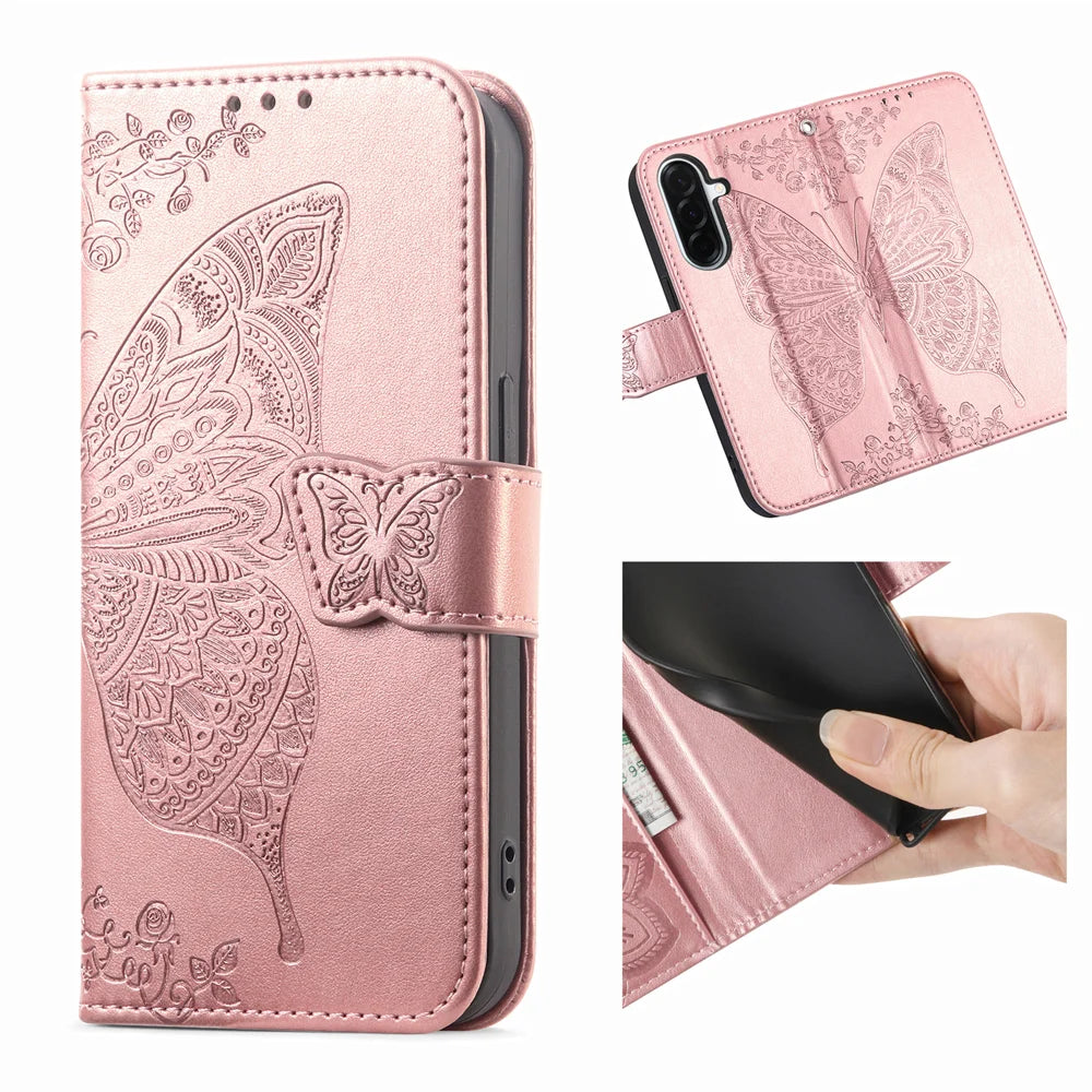 For Samsung Galaxy A27 5G Case with Strap Butterfly Pattern PU Leather Wallet Phone Cover - Rose Gold - 2