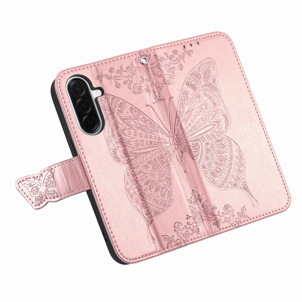 For Samsung Galaxy A27 5G Case with Strap Butterfly Pattern PU Leather Wallet Phone Cover - Rose Gold - 3