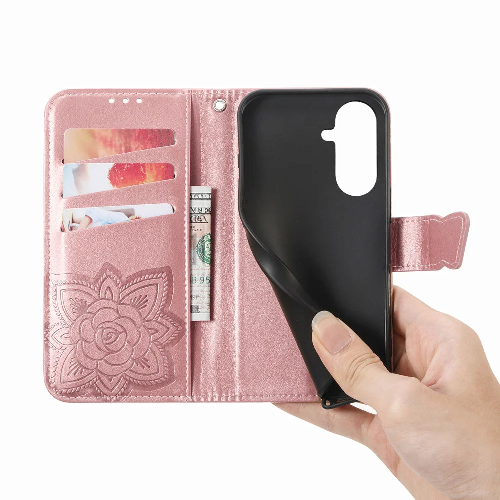 For Samsung Galaxy A27 5G Case with Strap Butterfly Pattern PU Leather Wallet Phone Cover - Rose Gold - 4