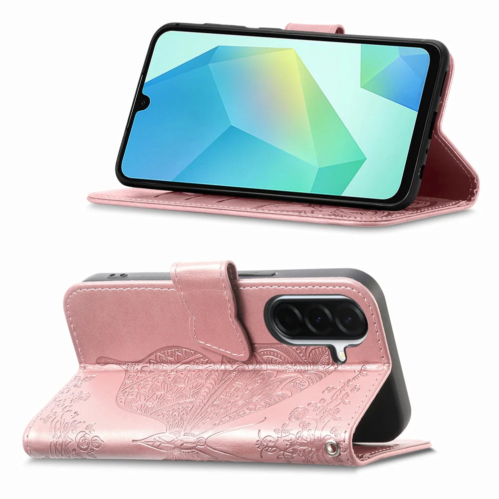 For Samsung Galaxy A27 5G Case with Strap Butterfly Pattern PU Leather Wallet Phone Cover - Rose Gold - 5
