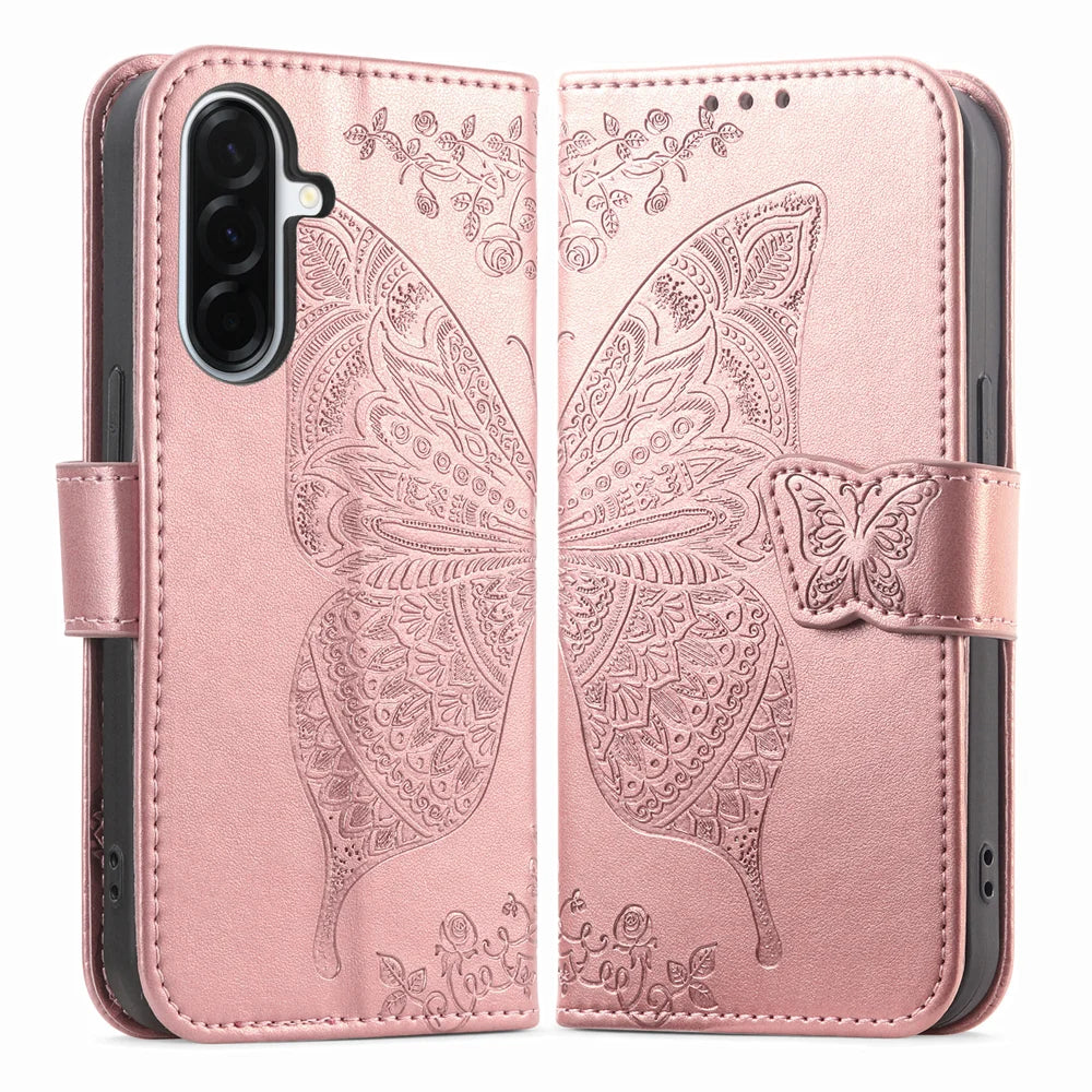 For Samsung Galaxy A27 5G Case with Strap Butterfly Pattern PU Leather Wallet Phone Cover - Rose Gold - 6