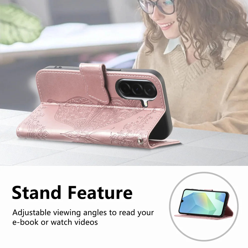 For Samsung Galaxy A27 5G Case with Strap Butterfly Pattern PU Leather Wallet Phone Cover - Rose Gold - 7