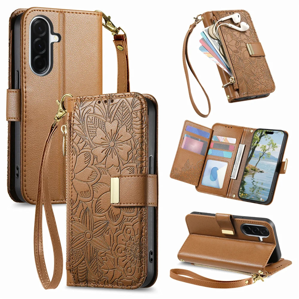 For Samsung Galaxy A27 5G Case Floral Leaf Pattern Multi Card Slots Zipper Leather Phone Cover with Wrist Strap - Brown - 1