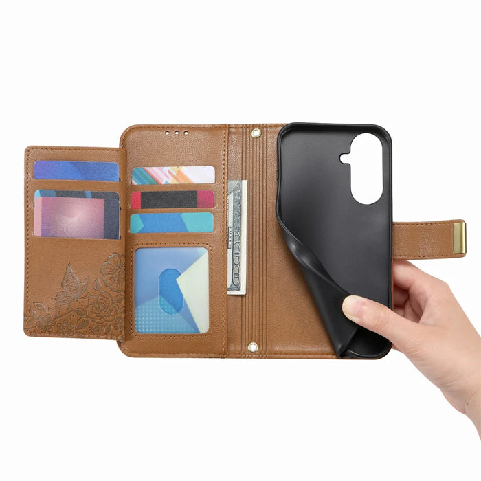 For Samsung Galaxy A27 5G Case Floral Leaf Pattern Multi Card Slots Zipper Leather Phone Cover with Wrist Strap - Brown - 2