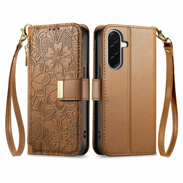 For Samsung Galaxy A27 5G Case Floral Leaf Pattern Multi Card Slots Zipper Leather Phone Cover with Wrist Strap - Brown - 4