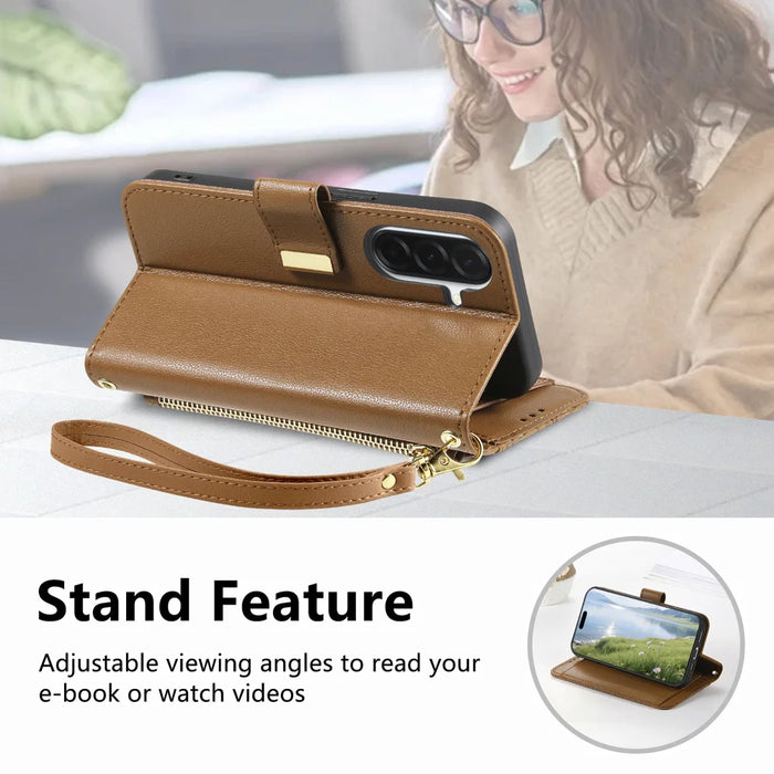 For Samsung Galaxy A27 5G Case Floral Leaf Pattern Multi Card Slots Zipper Leather Phone Cover with Wrist Strap - Brown - 5