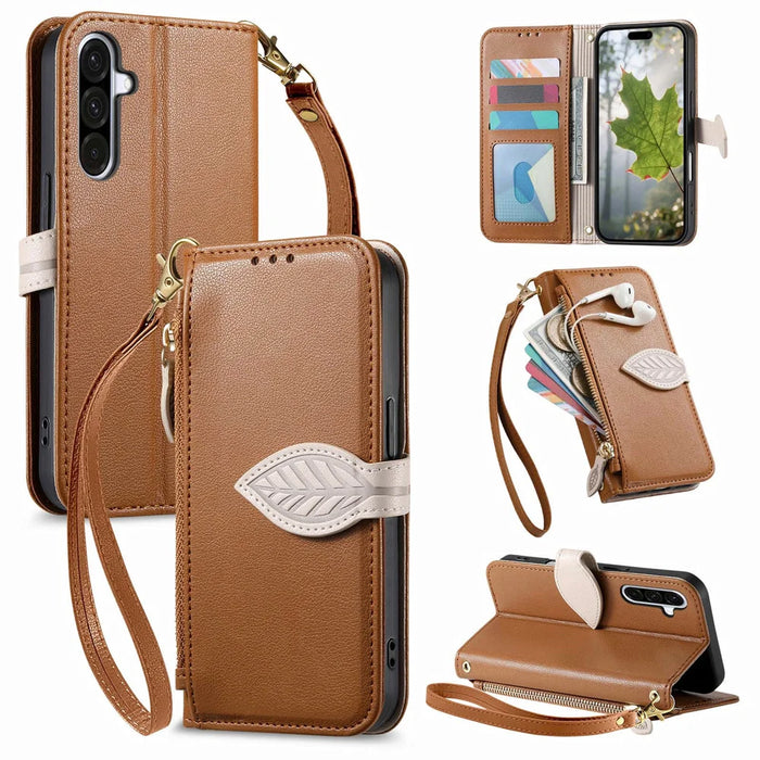 For Samsung Galaxy A27 5G Stand Case Leaf Shape Magnetic Clasp Leather Phone Cover with Hand Strap - Brown - 1