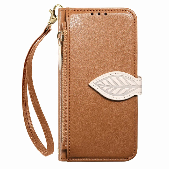 For Samsung Galaxy A27 5G Stand Case Leaf Shape Magnetic Clasp Leather Phone Cover with Hand Strap - Brown - 2