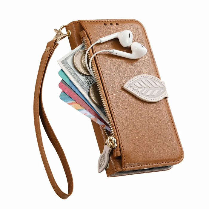 For Samsung Galaxy A27 5G Stand Case Leaf Shape Magnetic Clasp Leather Phone Cover with Hand Strap - Brown - 4