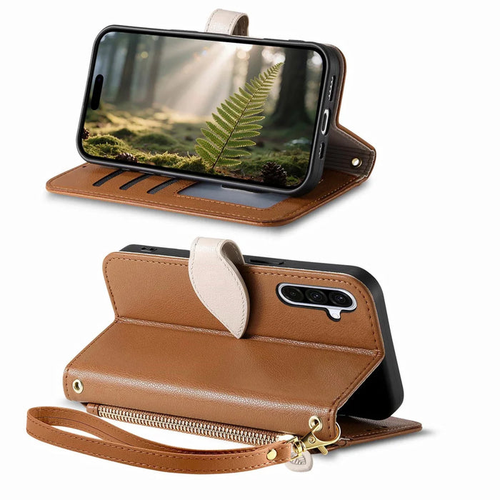 For Samsung Galaxy A27 5G Stand Case Leaf Shape Magnetic Clasp Leather Phone Cover with Hand Strap - Brown - 6