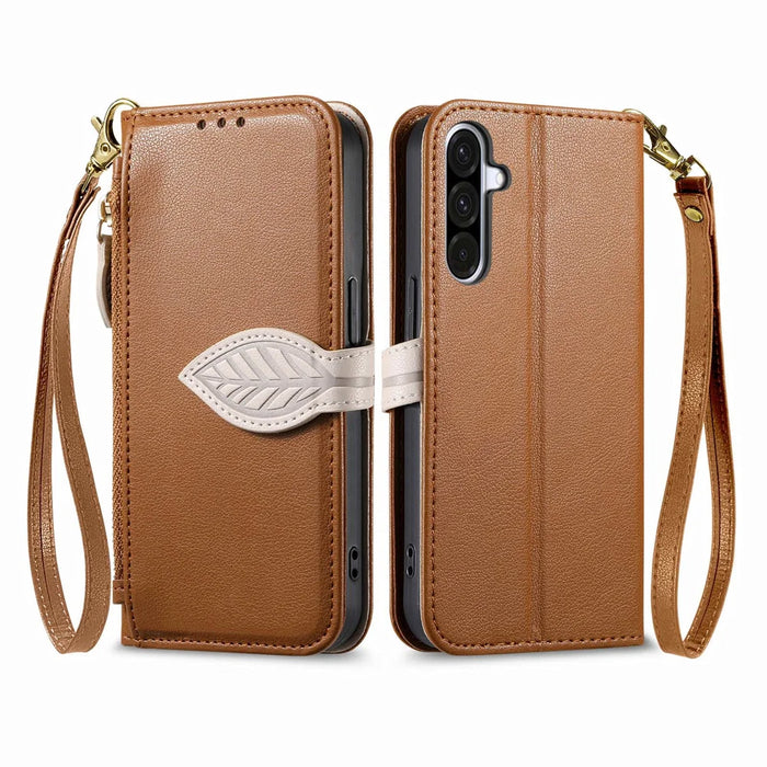 For Samsung Galaxy A27 5G Stand Case Leaf Shape Magnetic Clasp Leather Phone Cover with Hand Strap - Brown - 7