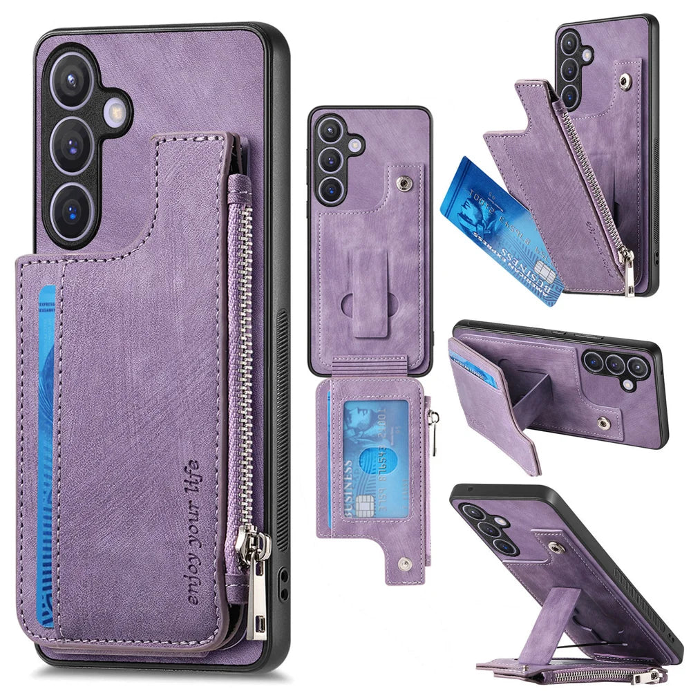 For Samsung Galaxy A27 5G Case Zipper Card Holder Kickstand Leather + PC + TPU Phone Cover - Purple - 1