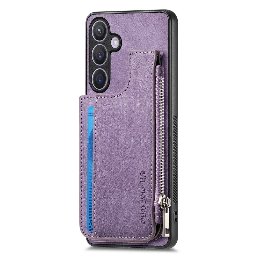 For Samsung Galaxy A27 5G Case Zipper Card Holder Kickstand Leather + PC + TPU Phone Cover - Purple - 2