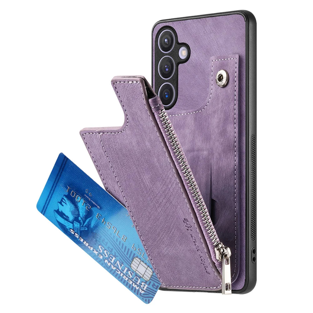 For Samsung Galaxy A27 5G Case Zipper Card Holder Kickstand Leather + PC + TPU Phone Cover - Purple - 3