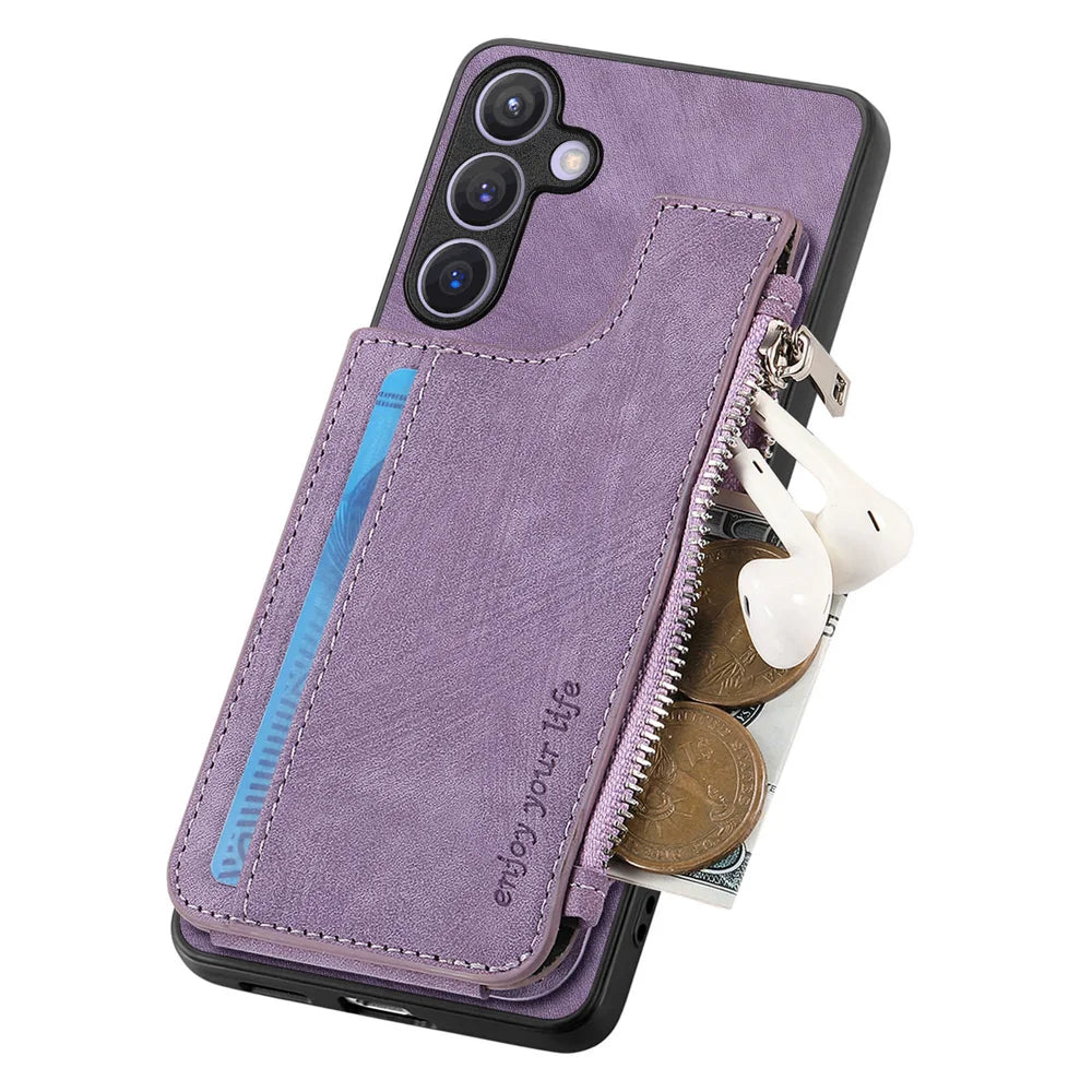 For Samsung Galaxy A27 5G Case Zipper Card Holder Kickstand Leather + PC + TPU Phone Cover - Purple - 4
