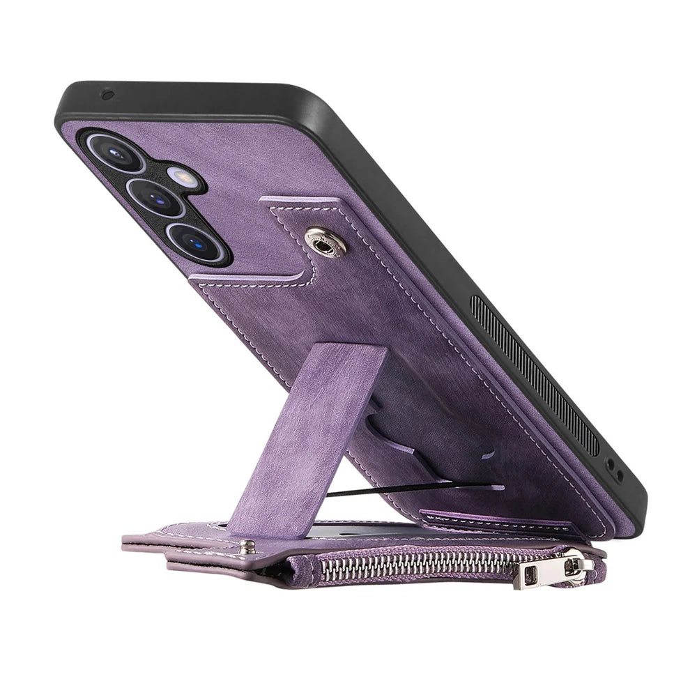 For Samsung Galaxy A27 5G Case Zipper Card Holder Kickstand Leather + PC + TPU Phone Cover - Purple - 6