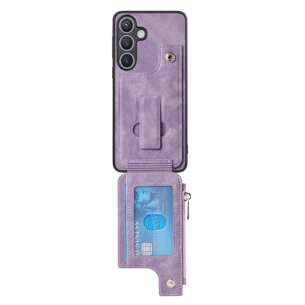 For Samsung Galaxy A27 5G Case Zipper Card Holder Kickstand Leather + PC + TPU Phone Cover - Purple - 7