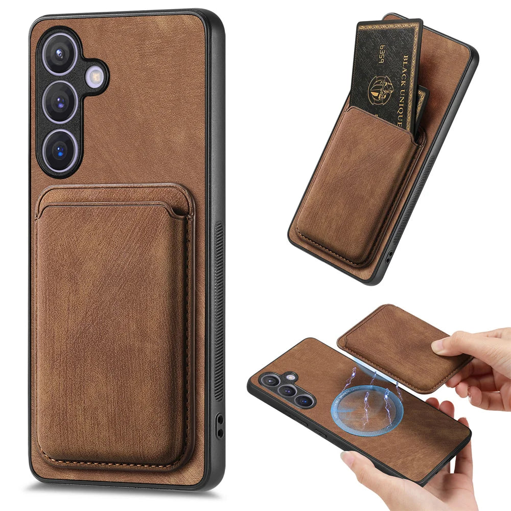For Samsung Galaxy A27 5G Case Compatible with MagSafe Leather Back Cover with Detachable Card Holder - Brown - 1