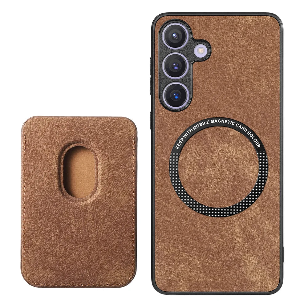 For Samsung Galaxy A27 5G Case Compatible with MagSafe Leather Back Cover with Detachable Card Holder - Brown - 3