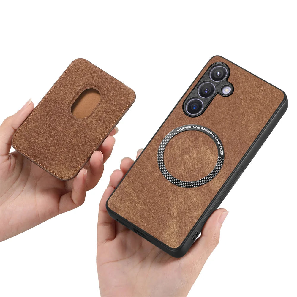 For Samsung Galaxy A27 5G Case Compatible with MagSafe Leather Back Cover with Detachable Card Holder - Brown - 4