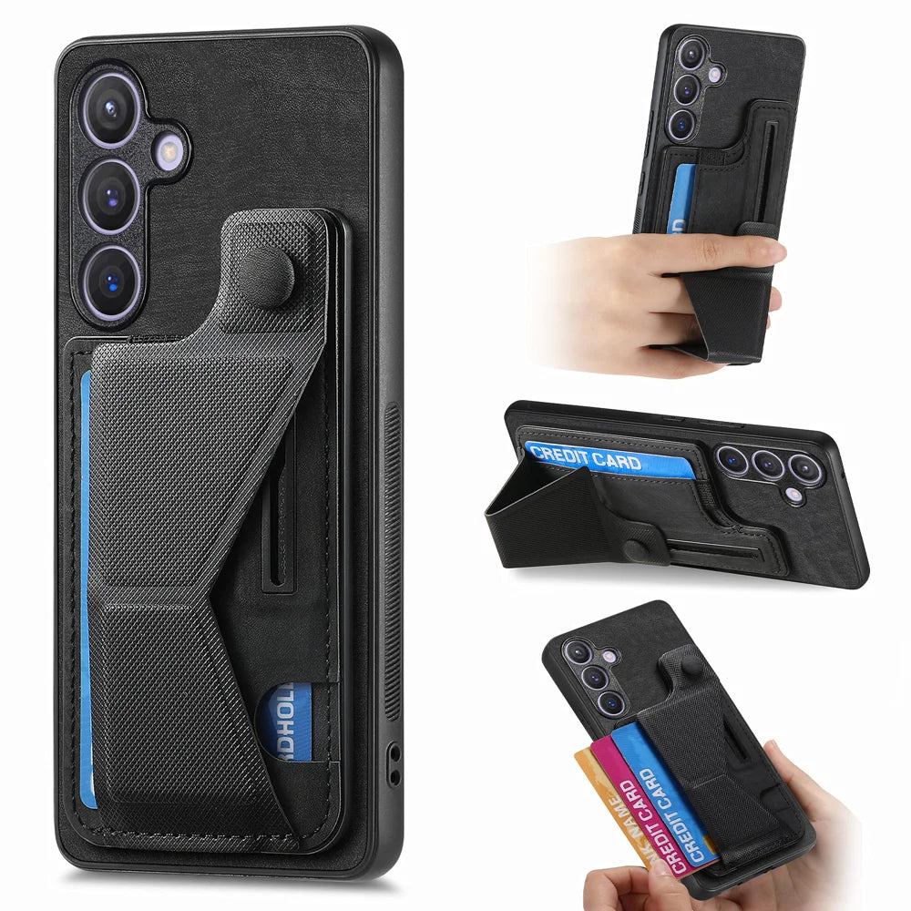 For Samsung Galaxy A27 5G Case with Card Slot Kickstand Retro Leather Back Cover - Black - 1