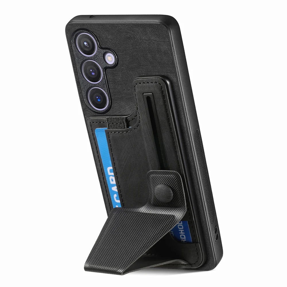For Samsung Galaxy A27 5G Case with Card Slot Kickstand Retro Leather Back Cover - Black - 3