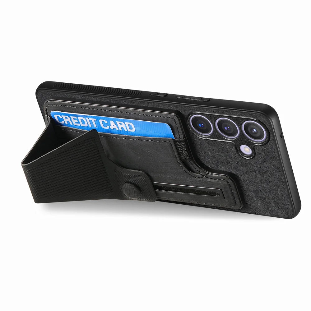 For Samsung Galaxy A27 5G Case with Card Slot Kickstand Retro Leather Back Cover - Black - 4