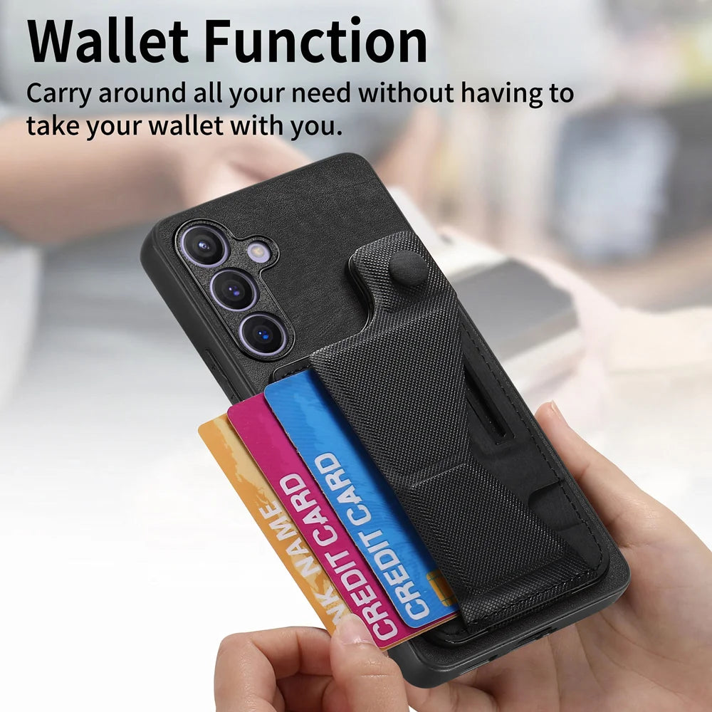 For Samsung Galaxy A27 5G Case with Card Slot Kickstand Retro Leather Back Cover - Black - 5