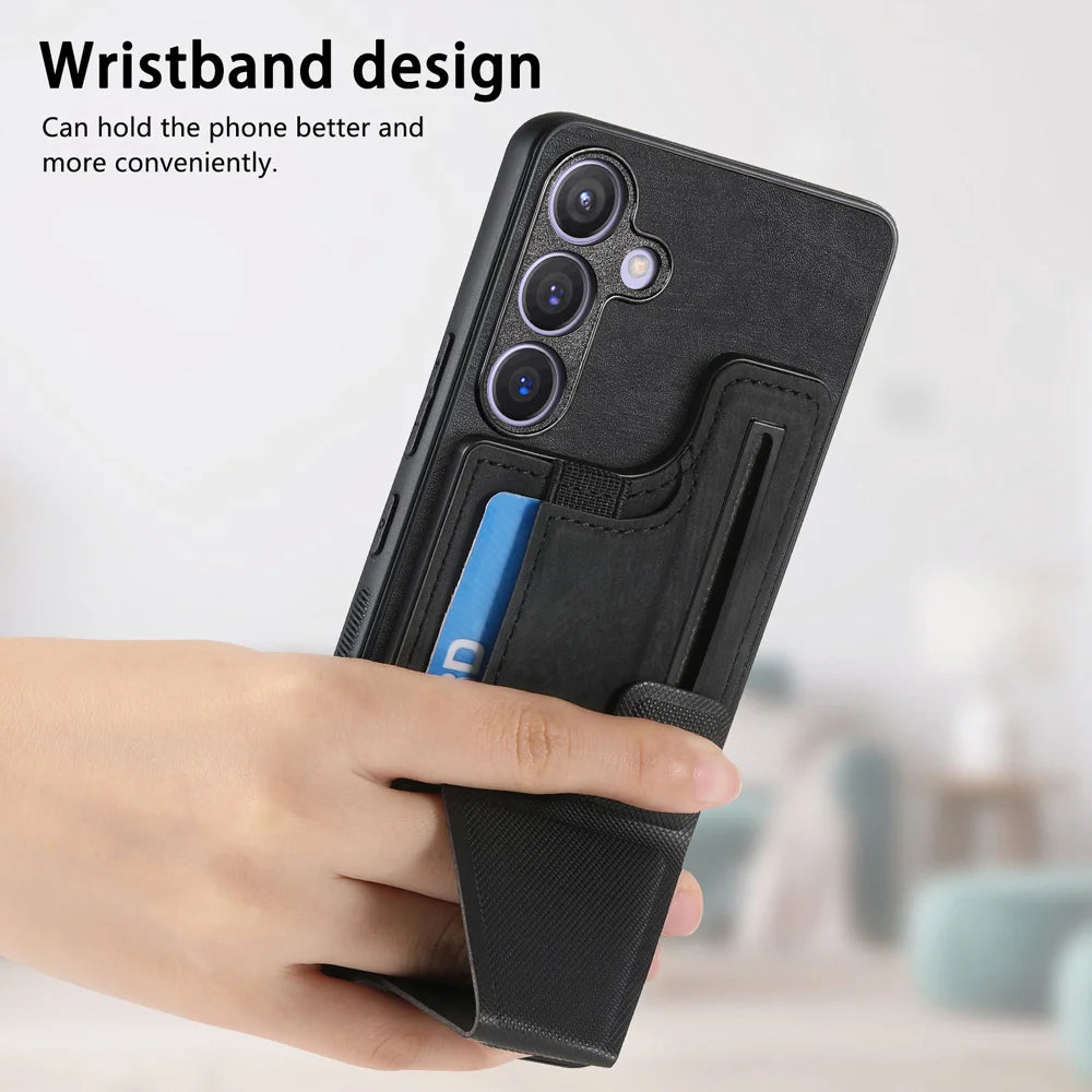 For Samsung Galaxy A27 5G Case with Card Slot Kickstand Retro Leather Back Cover - Black - 6