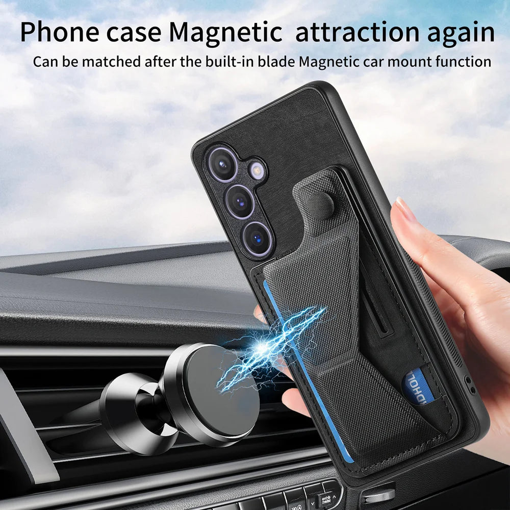 For Samsung Galaxy A27 5G Case with Card Slot Kickstand Retro Leather Back Cover - Black - 7