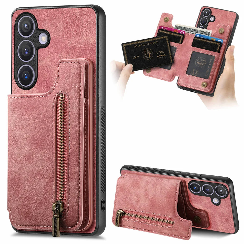For Samsung Galaxy A27 5G Case with Zipper Card Holder Retro Leather TPU Phone Cover - Pink - 1