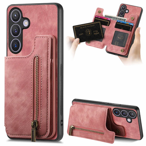 For Samsung Galaxy A27 5G Case with Zipper Card Holder Retro Leather TPU Phone Cover - Pink - 1