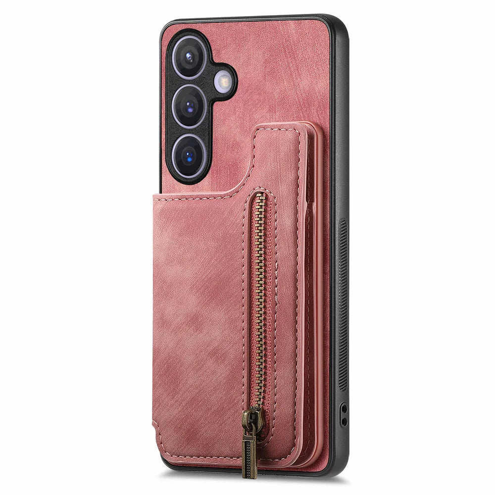 For Samsung Galaxy A27 5G Case with Zipper Card Holder Retro Leather TPU Phone Cover - Pink - 2