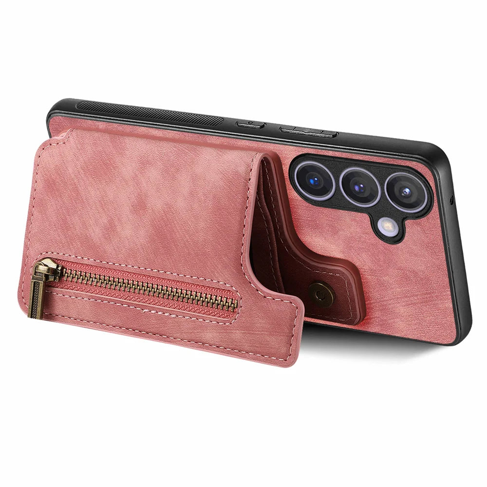 For Samsung Galaxy A27 5G Case with Zipper Card Holder Retro Leather TPU Phone Cover - Pink - 3