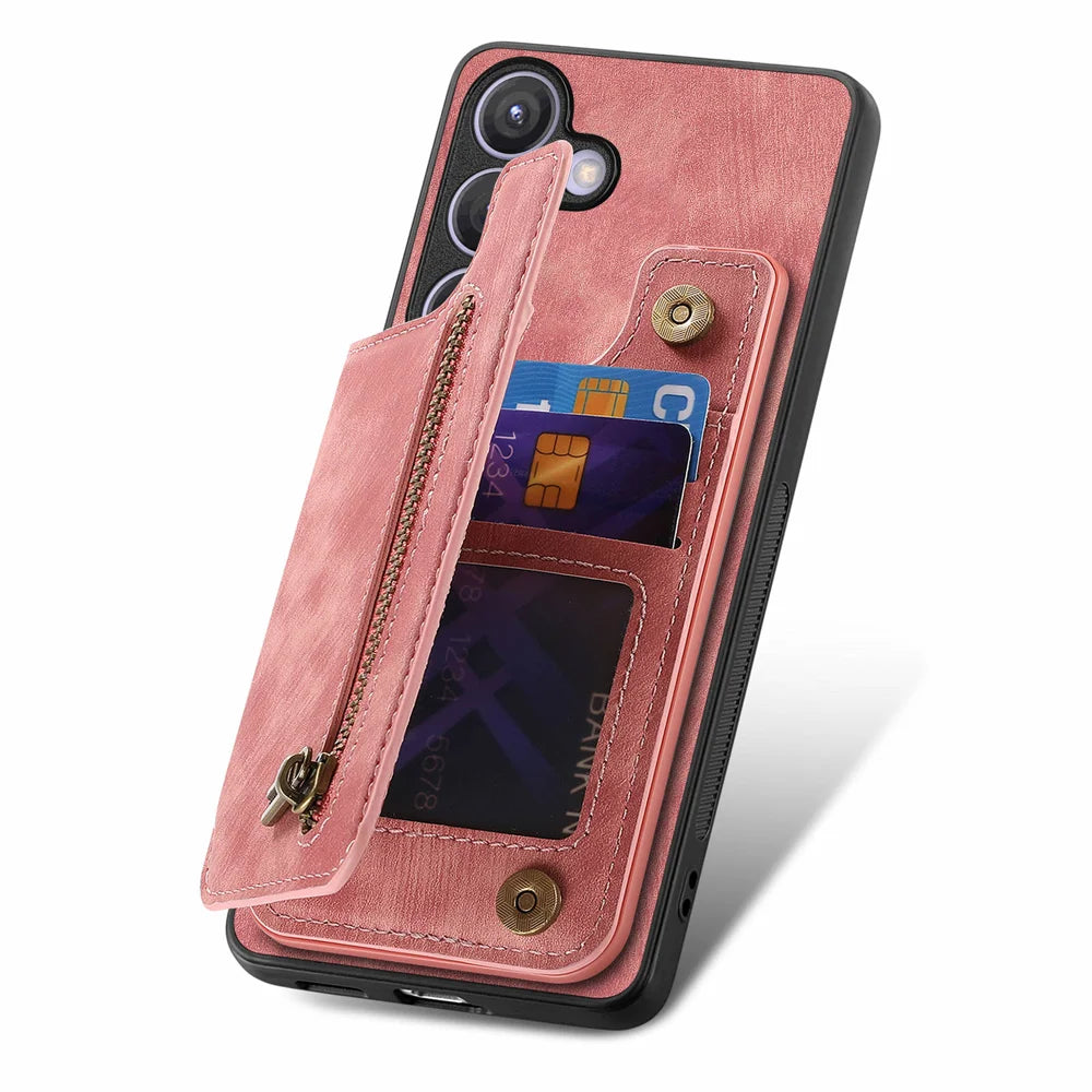 For Samsung Galaxy A27 5G Case with Zipper Card Holder Retro Leather TPU Phone Cover - Pink - 4