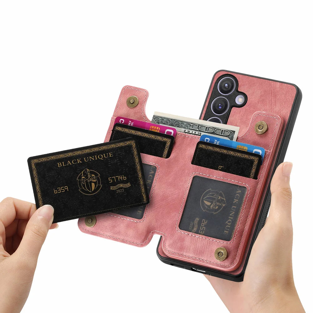 For Samsung Galaxy A27 5G Case with Zipper Card Holder Retro Leather TPU Phone Cover - Pink - 5